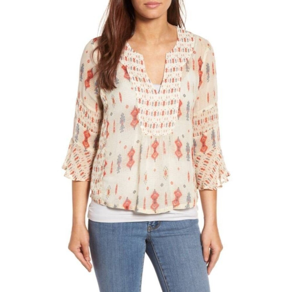 Lucky Brand Small Top Tribal Print Bell Semi-Sheer Flowy Tan 3/4 Sleeve (B09)